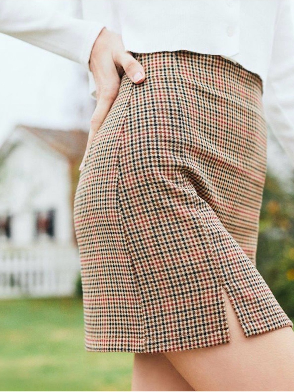 John Galt Tan and Black Houndstooth Mini Skirt
